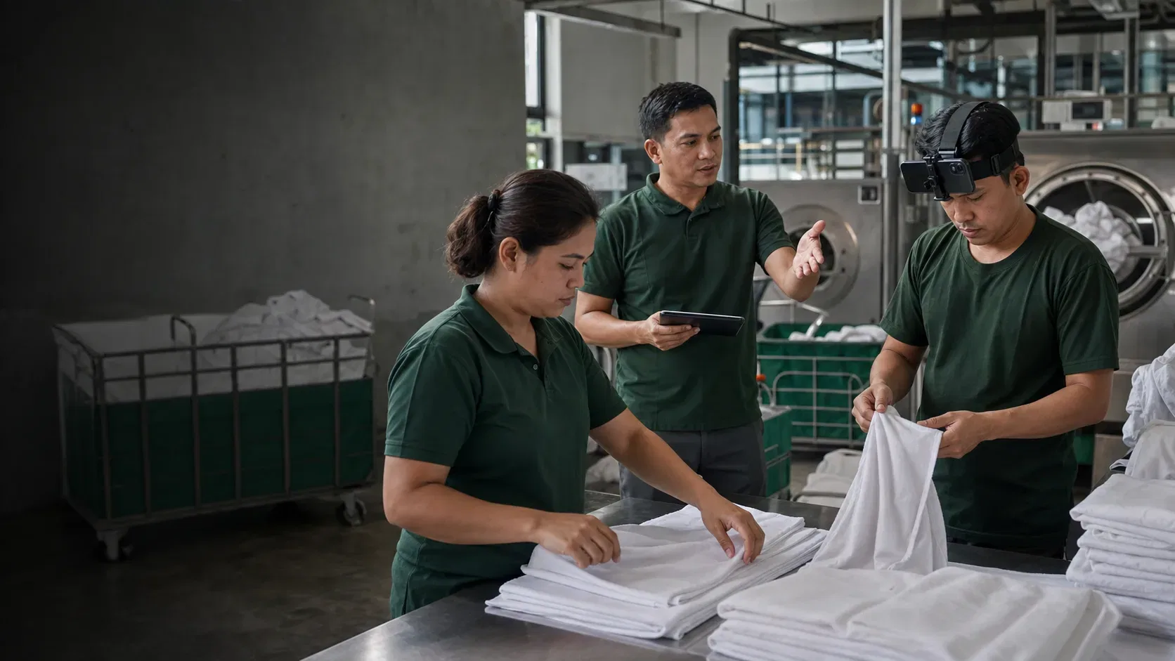 Filipino commercial laundry team completing a supervised head-mounted data collection task